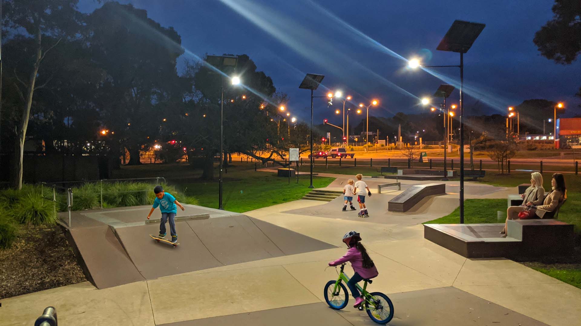 leadsun solar park lighting illuminating a skate park at night for young families