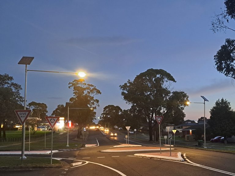A dusk view of Leadsun's solar road lights illuminating Junction Road Roundabout