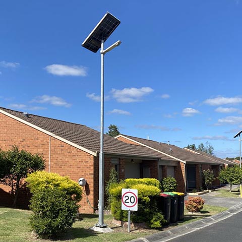 A solar street light in a residential street