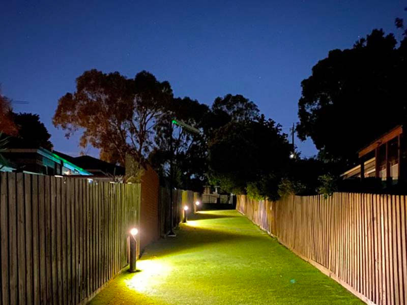 A night time view of the new solar bollard lights at Rangeview Primary School