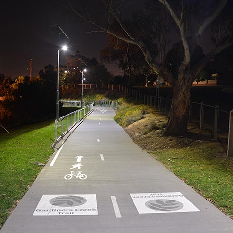 Solar path lights illuminating a path at night