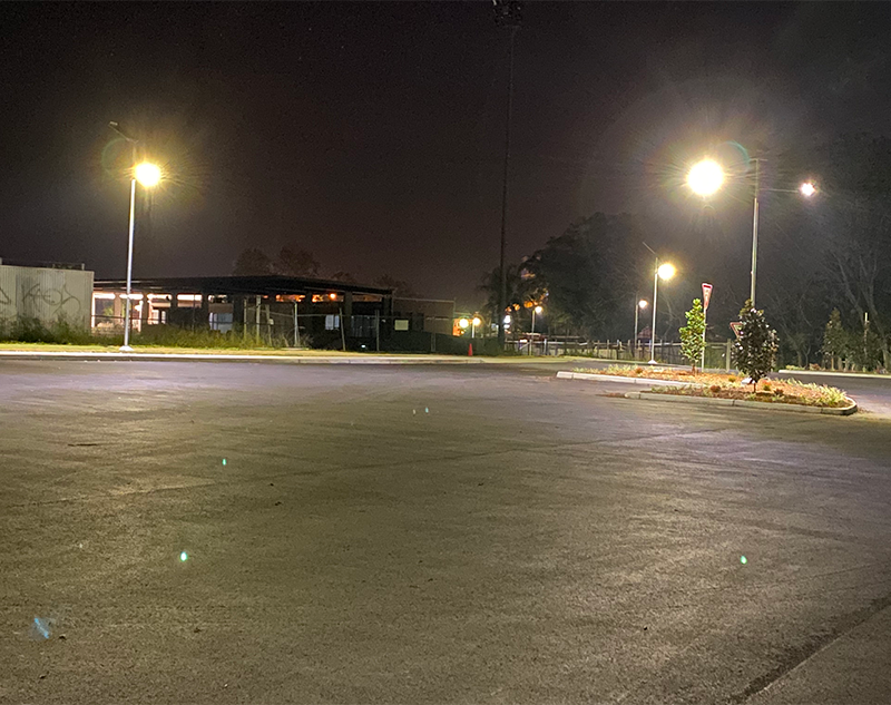 Solar car park lighting at night at the Maitland Regional Sporting Complex