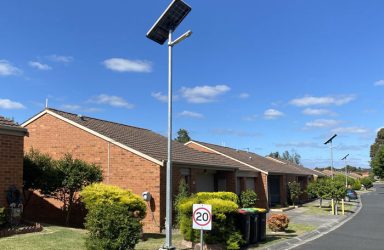 A street at Valley Village Mews retirement village in Dandeony, Melbourne with Leadsun solar street lights.