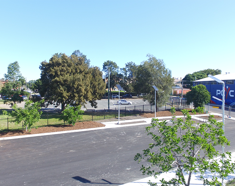 Solar car park lighting during the day at the Maitland Regional Sporting Complex